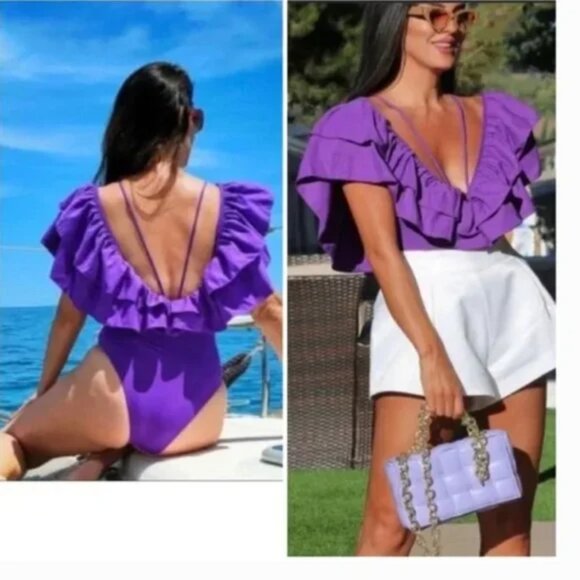 Zara Purple Frill One Piece Plunge Swimsuit Body Suit Swimming Costume S BNWT - Picture 10 of 11